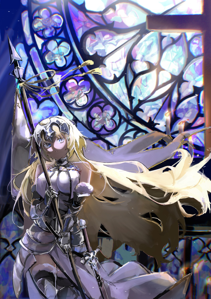 1girl absurdres armor armored_dress banner bare_shoulders blonde_hair blue_eyes breasts chain couter fate/grand_order fate_(series) faulds flag flagpole fur-trimmed_legwear fur_trim gauntlets gloves gorget headpiece highres holding holding_flag jeanne_d'arc_(fate) jeanne_d'arc_(third_ascension)_(fate) large_breasts long_hair mochi_upamo plackart solo standard_bearer sword thighhighs very_long_hair weapon