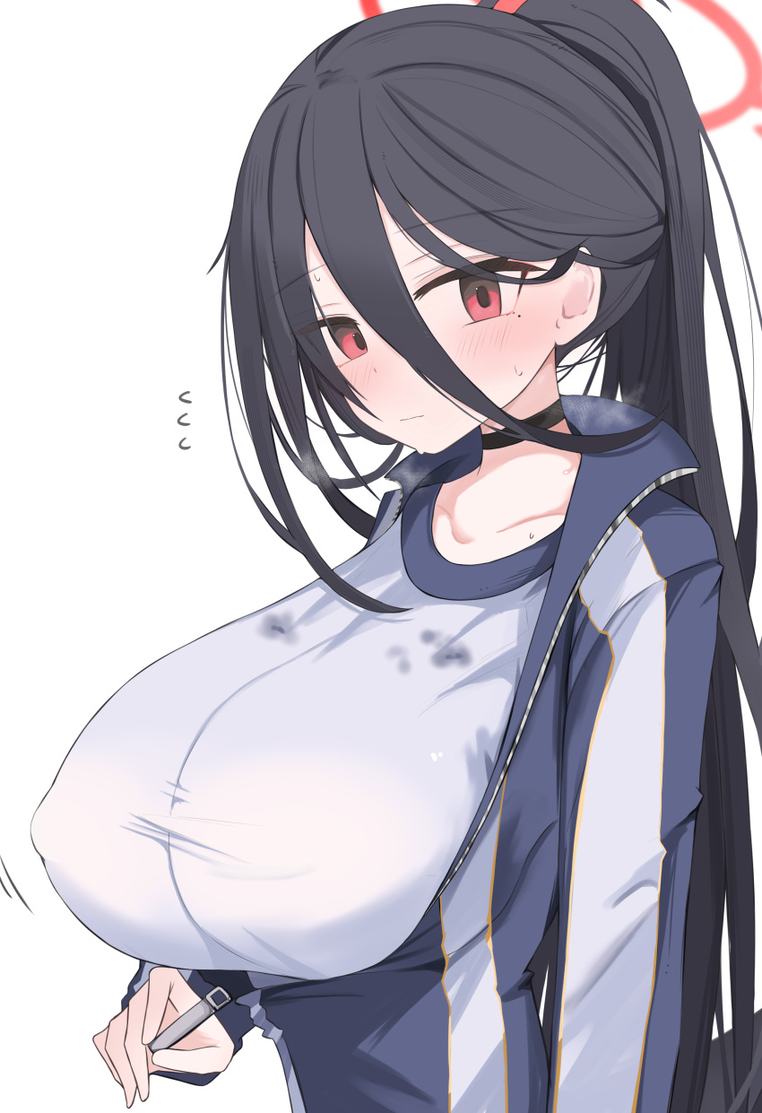 1girl absurdres black_choker black_hair blue_archive blush breasts choker closed_mouth collarbone covered_nipples embarrassed exercising flying_sweatdrops from_side hair_between_eyes halo hasumi_(blue_archive) hasumi_(track)_(blue_archive) highres jacket large_breasts light_frown long_bangs long_hair looking_at_viewer mole mole_under_eye nui_(nuinui0300) partially_unzipped ponytail red_eyes red_halo shirt simple_background solo sweat taut_clothes taut_shirt track_jacket unzipping upper_body very_long_hair white_background