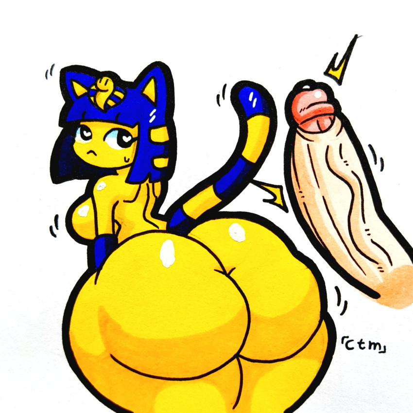 1:1 animal_crossing ankha_(animal_crossing) anthro big_butt big_penis black_eyes blue_body blue_fur blue_hair bodily_fluids bottom_heavy breasts butt disembodied_penis domestic_cat egyptian_headdress eyelashes felid feline felis female fur genital_fluids genitals hair heart_eyes heart_symbol hi_res huge_butt huge_penis imminent_sex looking_back male male/female mammal markings mr_ctm nintendo nude penis precum rear_view short_hair simple_background solo striped_markings striped_tail stripes sweat sweatdrop tail tail_markings tan_body tan_skin thick_thighs vein veiny_penis white_background wide_hips yellow_body yellow_fur