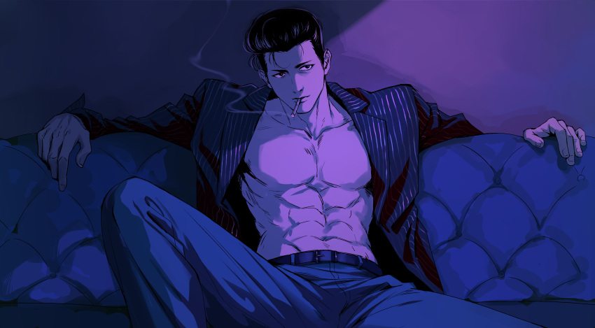 1boy 4305869_(pixiv4305869) abs absurdres arm_rest belt blazer blue_pants blue_theme cigarette couch highres jacket knee_up leaning_back limited_palette long_sleeves looking_ahead male_focus mitsui_hisashi mouth_hold navel open_clothes open_jacket outstretched_arms pants pompadour purple_background short_hair sitting slam_dunk_(series) smoke smoking solo toned toned_male
