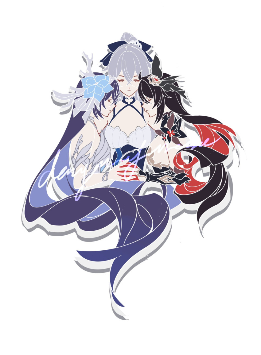 3girls black_hair blue_flower blue_hair bronya_zaychik closed_eyes colored_inner_hair commentary dual_persona facing_another facing_viewer flower from_side grey_hair hair_flower hair_ornament halterneck highres honkai_(series) honkai_impact_3rd mie_xing multicolored_hair multiple_girls red_hair seele_vollerei simple_background upper_body white_background