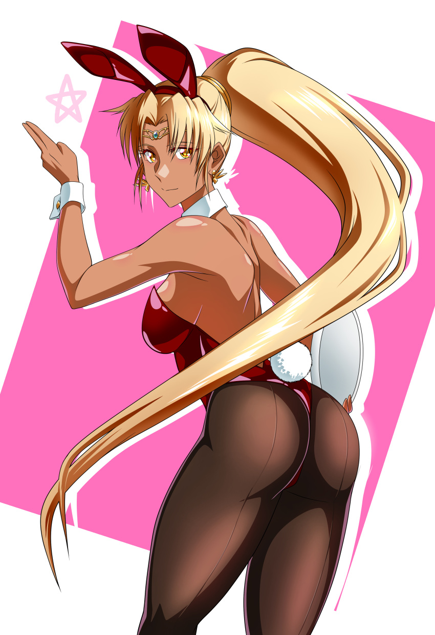 1girl absurdres akuron_(acllon) animal_ears ass bare_shoulders black_pantyhose blonde_hair breasts circlet dark-skinned_female dark_skin detached_collar fake_animal_ears fake_tail highres holding holding_tray leotard long_hair looking_at_viewer medium_breasts pantyhose pink_background playboy_bunny ponytail rabbit_tail sasha_(sennen_sensou_aigis) sennen_sensou_aigis simple_background star_(symbol) tail tan tray two-tone_background very_long_hair white_background wrist_cuffs