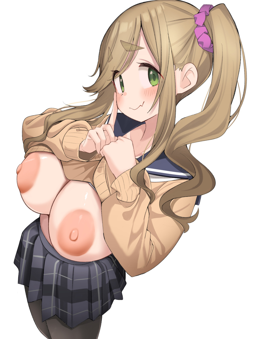 1girl absurdres black_sailor_collar blush breasts brown_cardigan brown_hair cardigan commentary_request fang green_eyes hair_ornament hair_scrunchie highres huge_breasts inuyama_aoi karatakewari long_sleeves looking_at_viewer pantyhose pink_scrunchie sailor_collar school_uniform scrunchie side_ponytail simple_background skin_fang smile solo thick_eyebrows white_background yurucamp