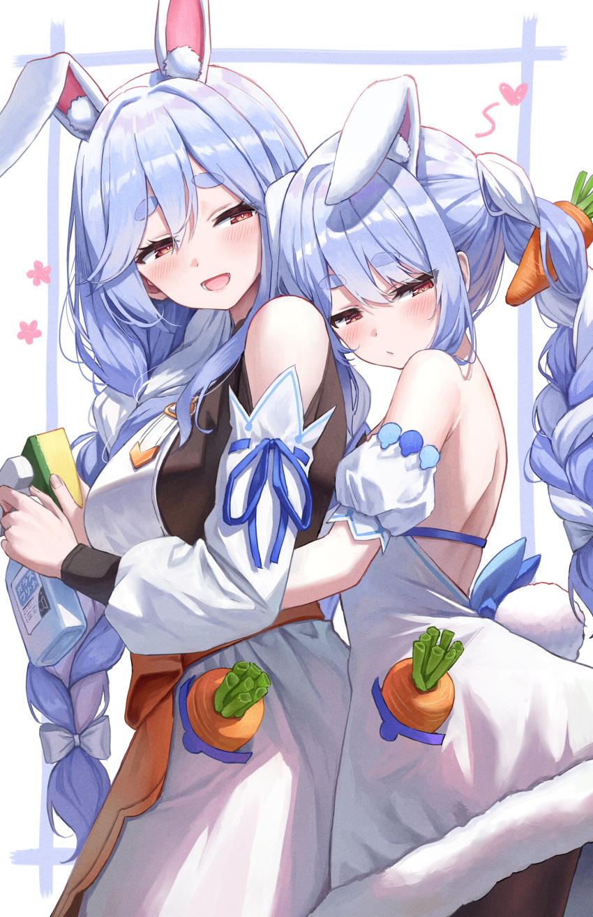 2girls animal_ears arm_garter averting_eyes black_leotard blue_hair blush breasts carrot carrot_hair_ornament detached_sleeves dress extra_ears food-themed_hair_ornament hair_ornament heart highres hololive large_breasts leotard long_braid long_hair looking_at_another mature_female mother_and_daughter multicolored_hair multiple_girls pekomama rabbit_ears rabbit_tail red_eyes strapless strapless_dress superpig tail thick_eyebrows two-tone_hair usada_pekora usada_pekora_(1st_costume) very_long_hair virtual_youtuber white_dress white_hair