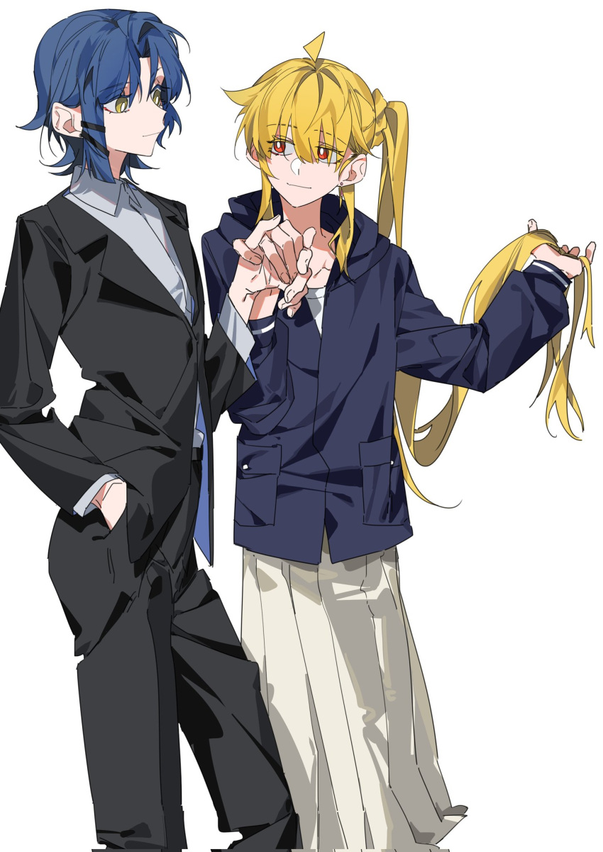 2girls ahoge asymmetrical_hair black_jacket black_pants black_suit blonde_hair blue_hair blue_jacket bocchi_the_rock! bright_pupils closed_mouth collared_shirt commentary corrupted_twitter_file earrings feet_out_of_frame hand_in_own_hair hand_in_pocket highres holding_hands ijichi_nijika jacket jewelry long_hair long_sleeves looking_at_another molu_stranger multiple_girls pants pleated_skirt red_eyes shirt short_hair side_ponytail simple_background skirt smile stud_earrings suit suit_jacket very_long_hair white_background white_pupils white_shirt white_skirt yamada_ryo yellow_eyes