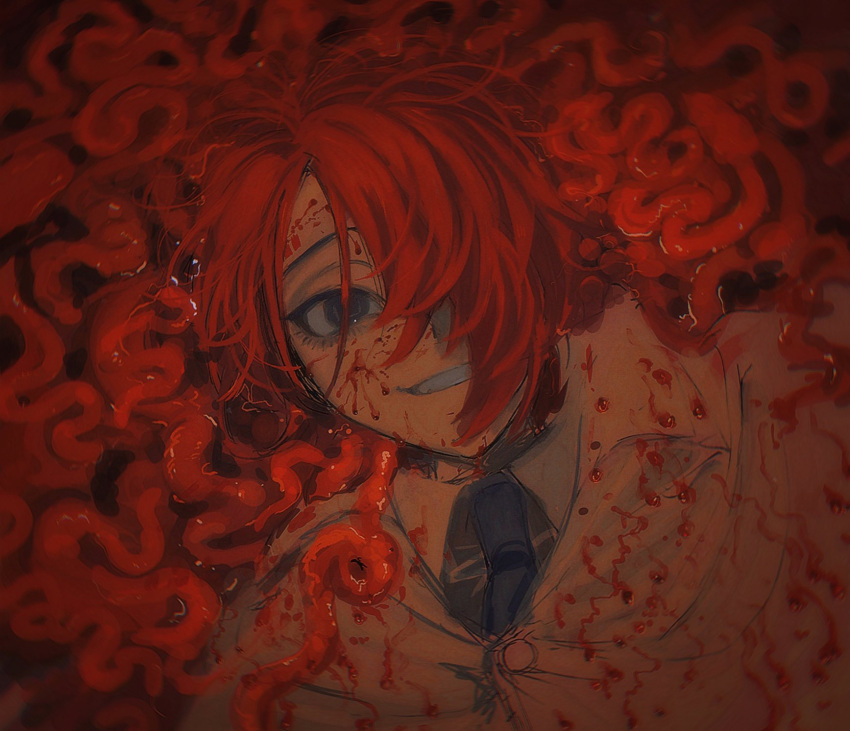 1boy black_eyes blood blood_on_clothes blood_on_face cape collared_shirt hair_over_one_eye highres intestines looking_at_viewer lying male_focus master_detective_archives:_rain_code messy_hair necktie oishikunatte_shintoujou on_back open_mouth red_background red_hair shirt short_hair smile solo upper_body white_cape white_shirt yomi_hellsmile