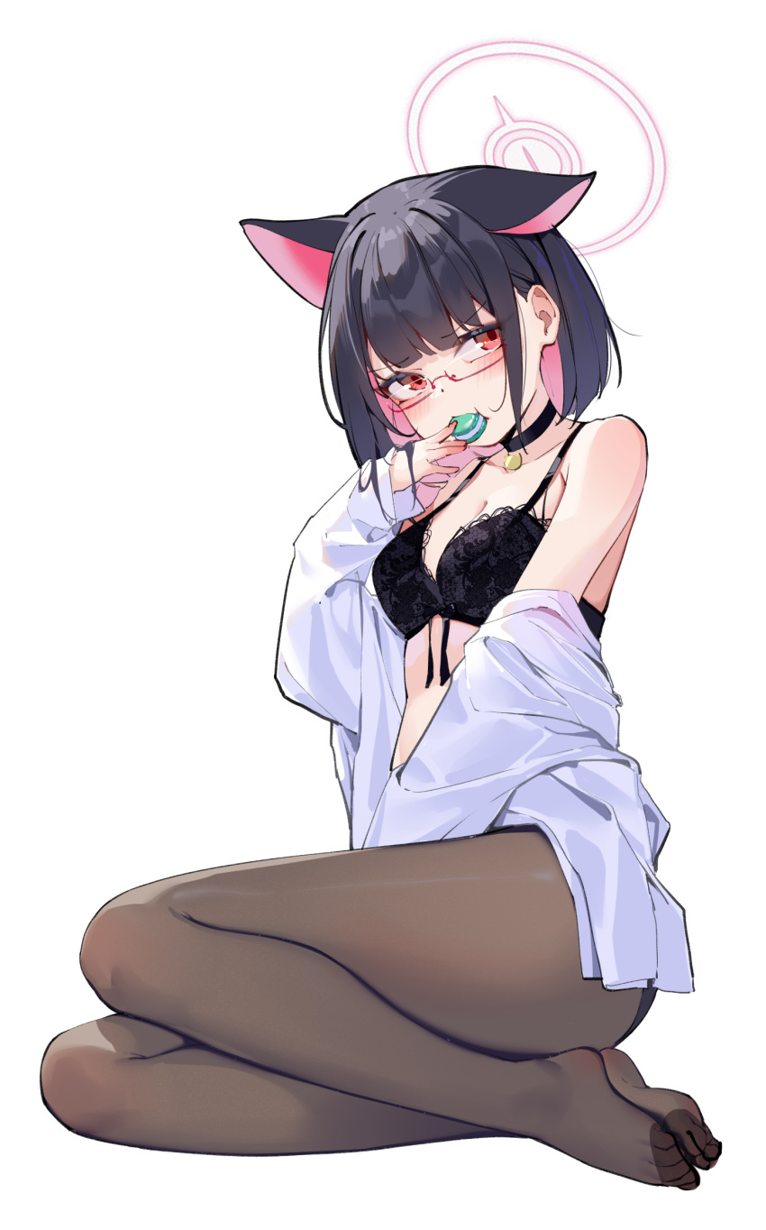 1girl animal_ears bare_shoulders black_bra black_choker black_hair black_pantyhose blue_archive bra breasts cat_ears choker cleavage colored_inner_animal_ears colored_inner_hair commentary_request eating extra_ears feet food food_in_mouth glasses halo highres kazusa_(blue_archive) legs long_sleeves looking_to_the_side macaron medium_breasts multicolored_hair no_pants no_shoes off_shoulder open_clothes open_shirt painterliuhao pantyhose pendant_choker pink_eyes pink_hair pink_halo red-framed_eyewear semi-rimless_eyewear shirt short_hair simple_background sitting solo toes two-tone_hair under-rim_eyewear underwear white_background white_shirt yokozuwari