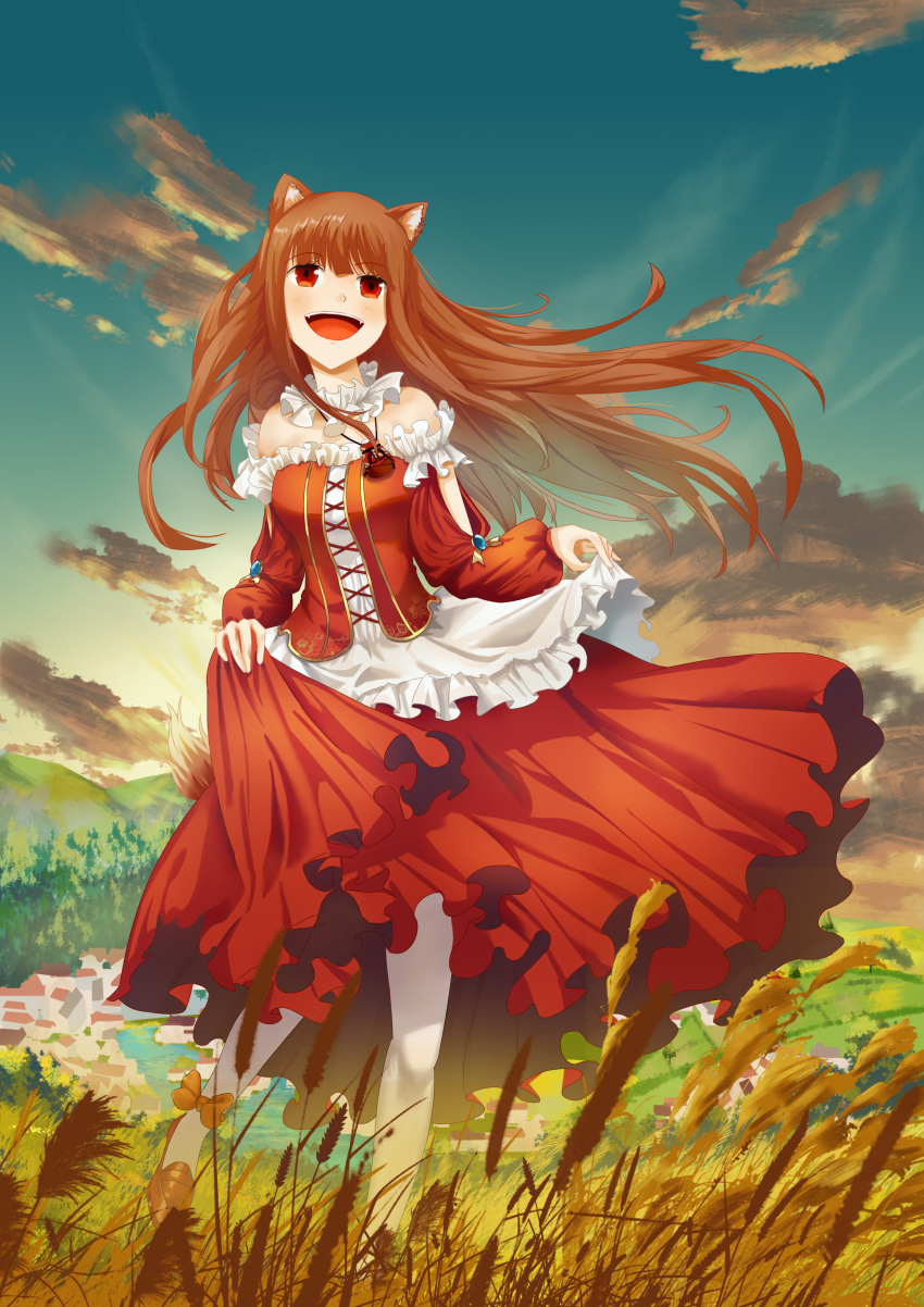 1girl :d absurdres alternate_costume animal_ear_fluff animal_ears bare_shoulders blunt_bangs blush brown_hair cloud collar commentary_request corset day detached_collar detached_sleeves fangs feet_out_of_frame floating_hair floral_print formal frilled_collar frilled_corset frilled_sleeves frills happy highres holo jewelry long_hair long_skirt long_sleeves looking_afar necklace open_mouth outdoors print_corset puffy_long_sleeves puffy_sleeves red_corset red_eyes red_skirt scenery shirt sidelocks skirt skirt_hold smile solo spice_and_wolf standing teeth upper_teeth_only user_zfks3237 very_long_hair wheat_field white_shirt wolf_ears wolf_girl