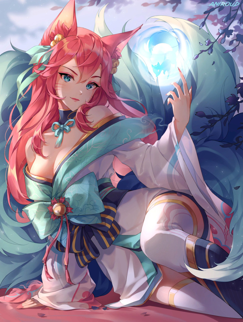 1girl ahri_(league_of_legends) animal_ear_fluff animal_ears aniroud artist_name bangs bare_shoulders bell blue_bow blue_choker blue_eyes blue_ribbon bow branch breasts choker cleavage commentary english_commentary eyeshadow facial_mark feet_out_of_frame fingernails fox_ears fox_girl fox_tail hair_ribbon hand_up highres japanese_clothes jingle_bell kimono league_of_legends long_hair looking_at_viewer makeup multiple_tails obi official_alternate_costume orb pink_nails reclining red_hair ribbon ribbon_choker sash sharp_fingernails signature smile solo tail thighhighs whisker_markings white_kimono white_legwear