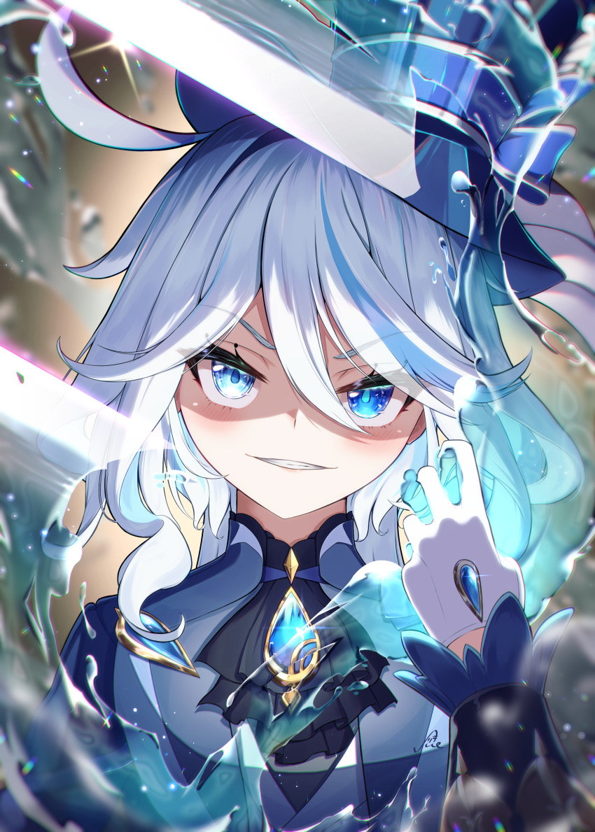 1girl absurdres ahoge ascot black_ascot blue_eyes blue_gemstone blue_hair blue_hat blue_jacket blue_ribbon brooch drop-shaped_pupils furina_(genshin_impact) gem genshin_impact gloves gold_trim gradient_background hair_between_eyes hat hat_ribbon head_tilt heterochromia highres hydrokinesis jacket jewelry kodona lens_flare light_blush light_particles lolita_fashion mattsi_hbkk medium_hair multicolored_hair non-circular_lens_flare ribbon shaded_face sidelocks simple_background sleeve_cuffs sparkle streaked_hair symbol-shaped_pupils teeth top_hat two-tone_hair upper_body v-shaped_eyebrows water white_gloves white_hair