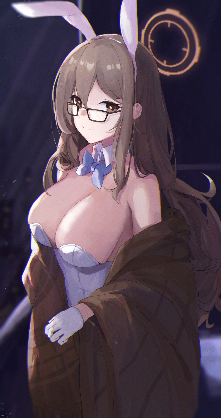 1girl absurdres akane_(blue_archive) akane_(bunny)_(blue_archive) animal_ears black-framed_eyewear blue_archive breasts brown_eyes brown_hair brown_jacket cleavage collar detached_collar fake_animal_ears glasses gloves halo highres jacket jianjia large_breasts leotard looking_at_viewer official_alternate_costume playboy_bunny smile solo white_collar white_gloves white_leotard yellow_halo