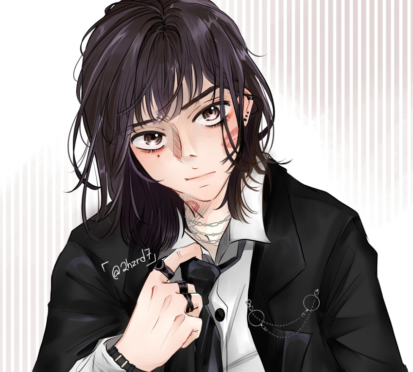 1girl 2hzrd7 adjusting_clothes adjusting_necktie androgynous black_hair black_necktie black_suit brown_eyes chain_necklace collared_shirt commentary dress_shirt ear_piercing english_commentary highres jacket jewelry kininatteru_hito_ga_otoko_ja_nakatta koga_mitsuki lipstick_mark lipstick_mark_on_face lipstick_mark_on_neck looking_at_viewer medium_hair mole mole_under_eye multiple_rings necklace necktie piercing ring shirt solo striped_background suit suit_jacket tomboy twitter_username upper_body white_shirt