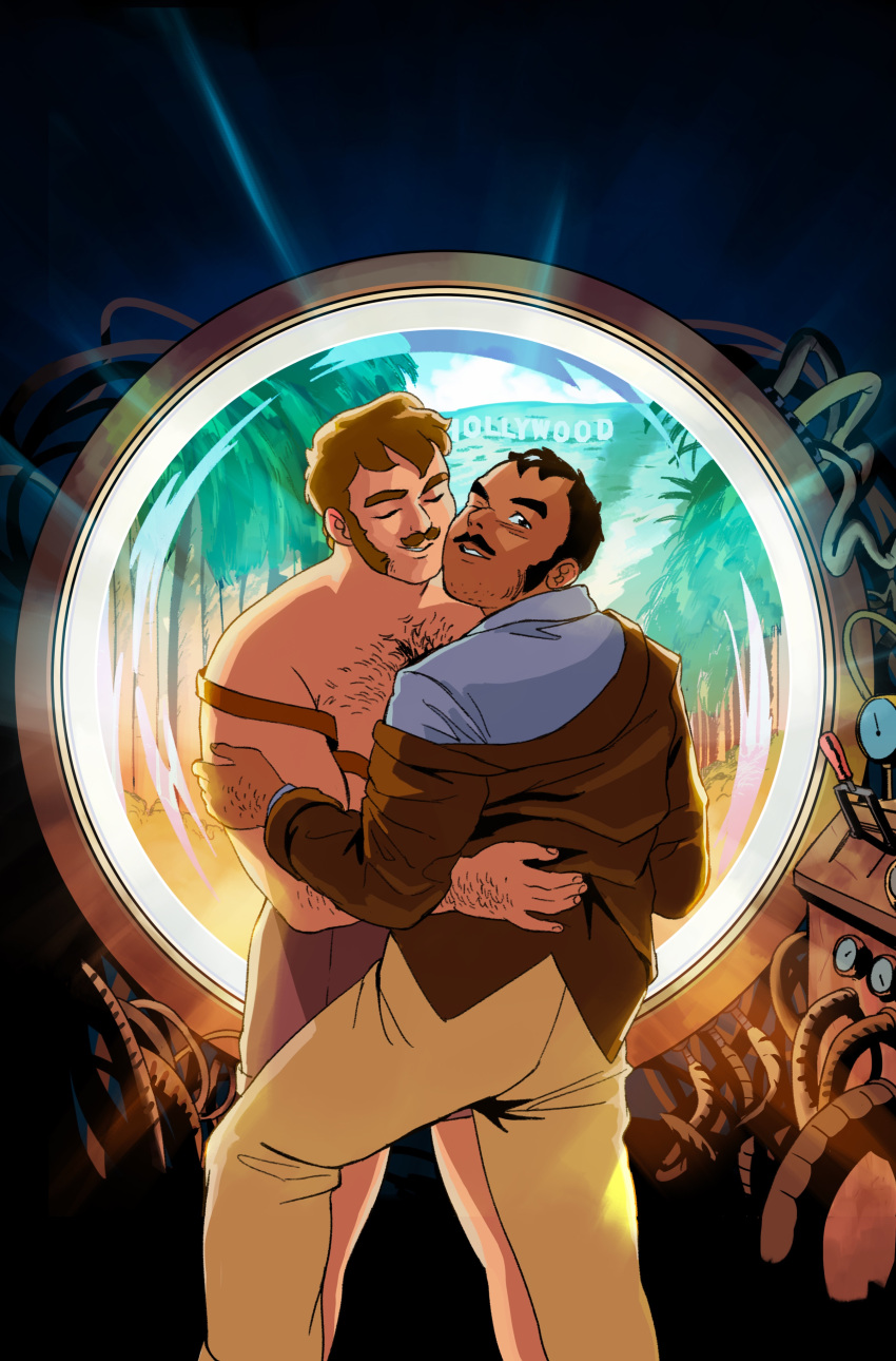 2boys absurdres bara blonde_hair couple cover cover_page dark-skinned_male dark_skin facial_hair giopota hairy highres interracial long_sideburns male_focus mature_male multiple_boys muscular muscular_male mutton_chops original pectorals pencil_mustache receding_hairline sainted_love_(giopota) short_hair sideburns sideburns_stubble stubble thick_chest_hair thick_eyebrows thick_mustache topless_male yaoi