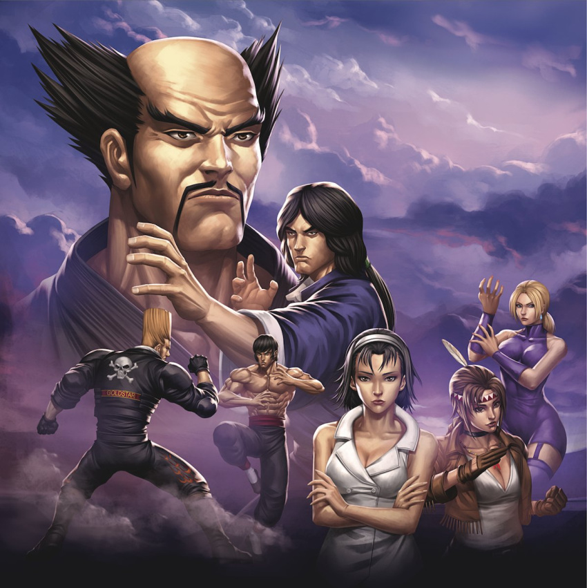 bald blue_sky cloud cloudy_sky dxsinfinite highres kazama_jun lei_wulong marshall_law michelle_chang mishima_heihachi native_american native_american_clothes nina_williams non-web_source official_art record sky tekken tekken_2