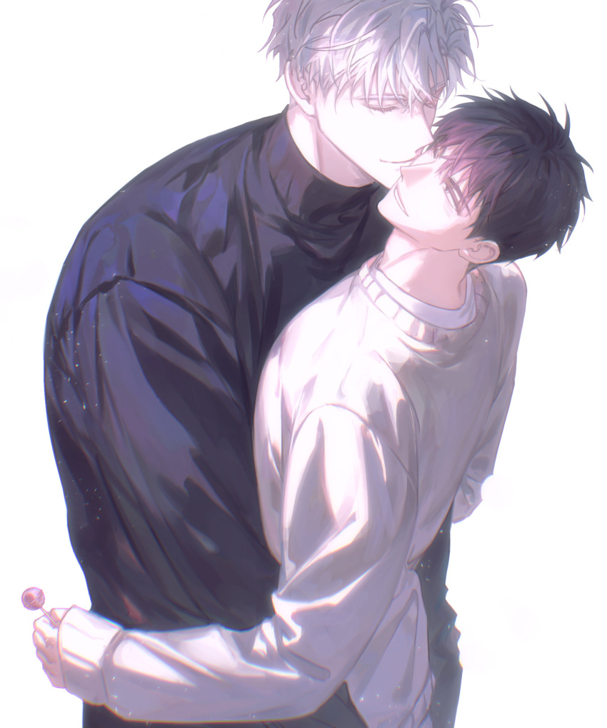 1blgs 2boys absurdres black_sweater brown_hair candy closed_eyes closed_mouth food highres holding holding_candy holding_food holding_lollipop hug ilay_riegrow jeong_taeui light_particles lollipop long_sleeves male_focus multiple_boys passion_(manhwa) simple_background smile sweater teeth upper_body white_background white_hair yaoi