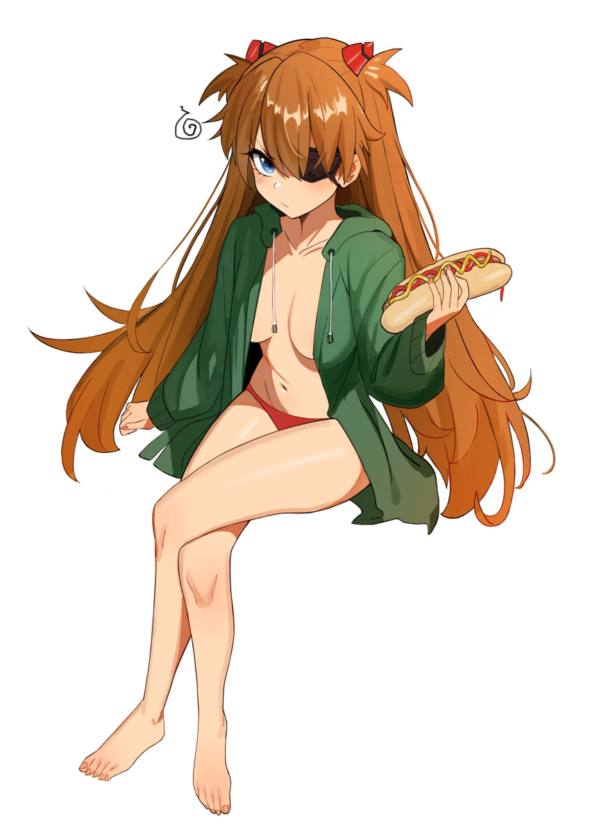 1girl absurdres barefoot blue_eyes breasts crossed_legs eyepatch food hair_ornament highres holding holding_food hood hoodie kiritzugu long_hair neon_genesis_evangelion no_bra no_pants open_clothes open_hoodie rebuild_of_evangelion sandwich simple_background solo souryuu_asuka_langley underwear