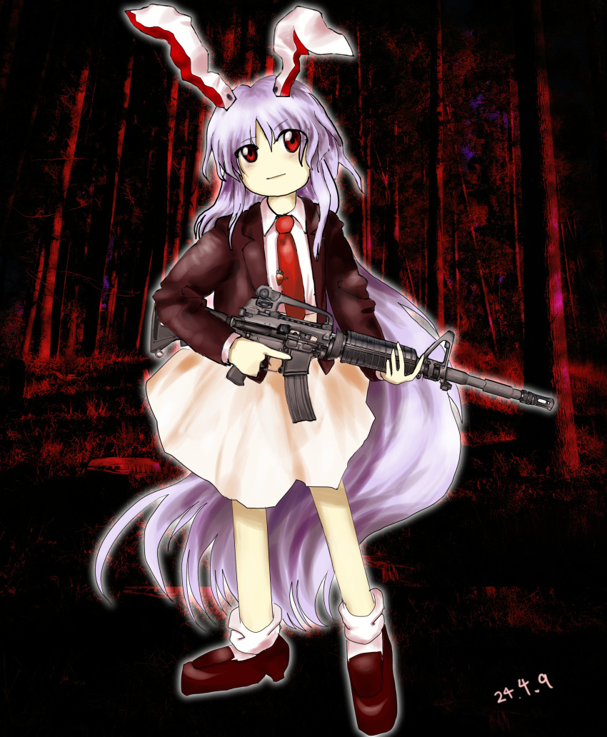 1girl :| absurdres animal_ears ar-15 black_jacket blazer bobby_socks carrot_pin closed_mouth collared_shirt commentary dated forest gun head_tilt highres holding holding_gun holding_weapon jacket loafers long_hair long_sleeves nature necktie photo_background purple_hair rabbit_ears rabbit_girl red_background red_eyes red_necktie reisen_udongein_inaba rifle shirt shoes skirt socks solo touhou tree trigger_discipline very_long_hair weapon white_shirt white_socks yukine_0930 zun_(style)