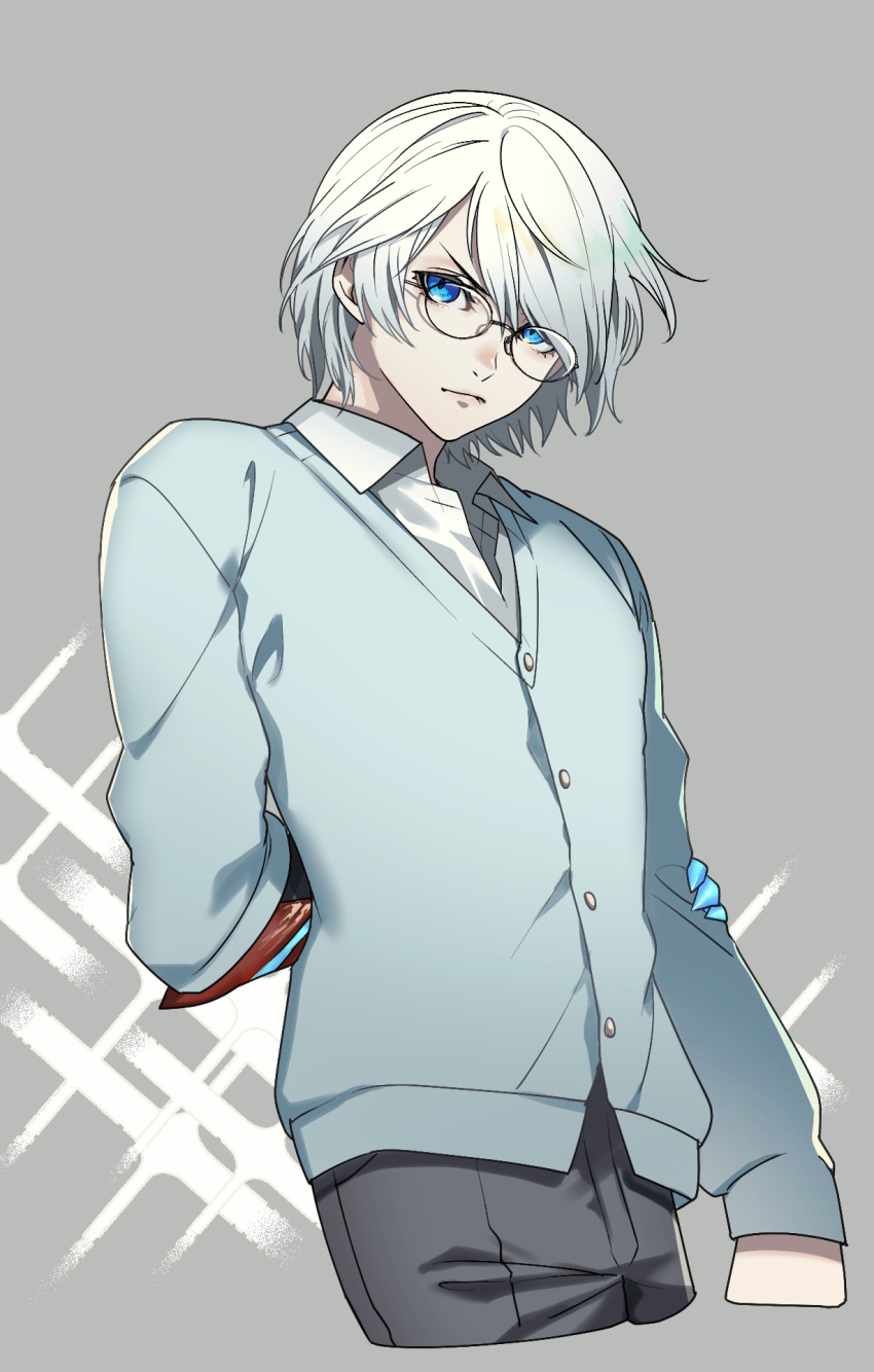 1boy bishounen blue_eyes closed_mouth collared collared_shirt cowboy_shot devil_may_cry_(series) devil_may_cry_4 hair_over_one_eye highres holding long_sleeves looking_at_viewer male_focus nero_(devil_may_cry) pale_skin shirt sleeves_past_wrists solo standing sweater upper_body white_hair white_shirt yuusya27