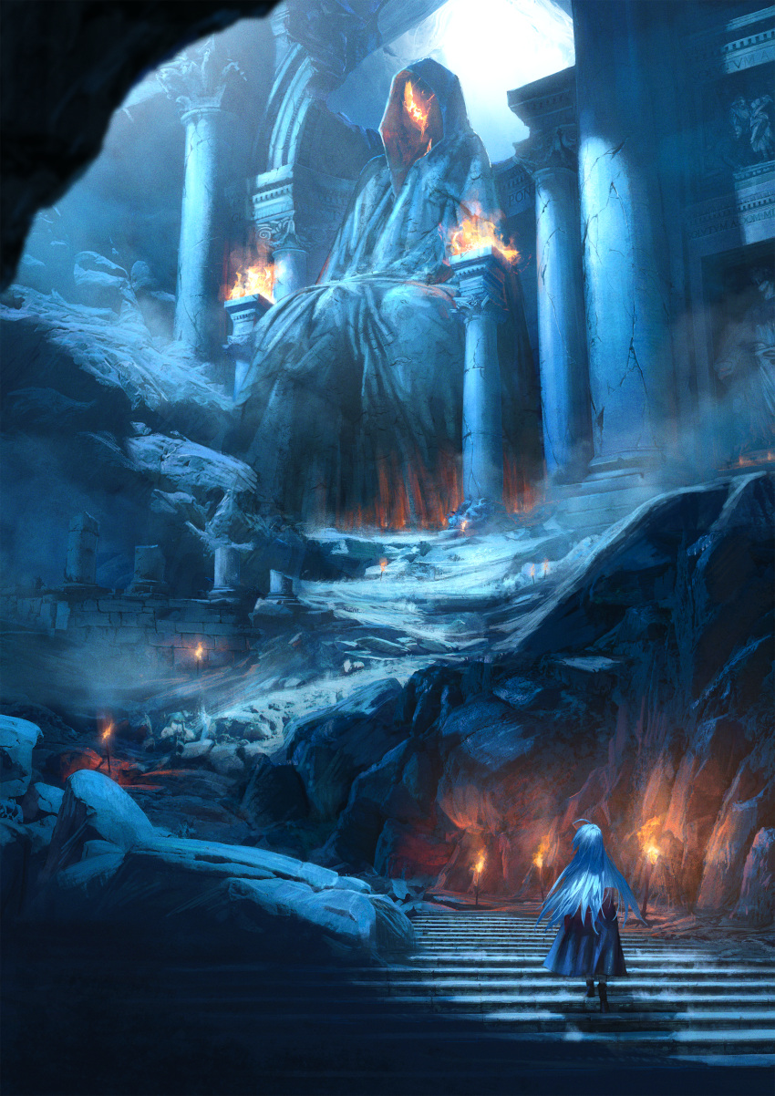 1girl absurdres blue_cloak blue_hair cave cloak column fire from_behind gyoukan_(jfxc) highres original pet_walking pillar scenery solo stairs statue torch