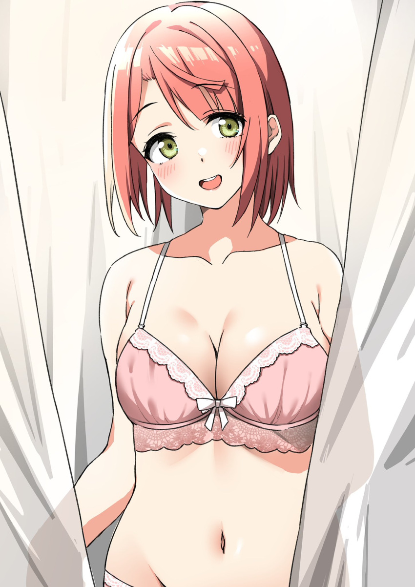 1girl :d armpit_crease blunt_bangs blush bra breasts collarbone commentary curtains djpwjd1 green_eyes hair_down highres lace-trimmed_bra lace_trim lingerie love_live! love_live!_nijigasaki_high_school_idol_club medium_breasts navel open_mouth pink_bra pink_hair short_hair smile solo swept_bangs symbol-only_commentary teeth uehara_ayumu underwear upper_body upper_teeth_only