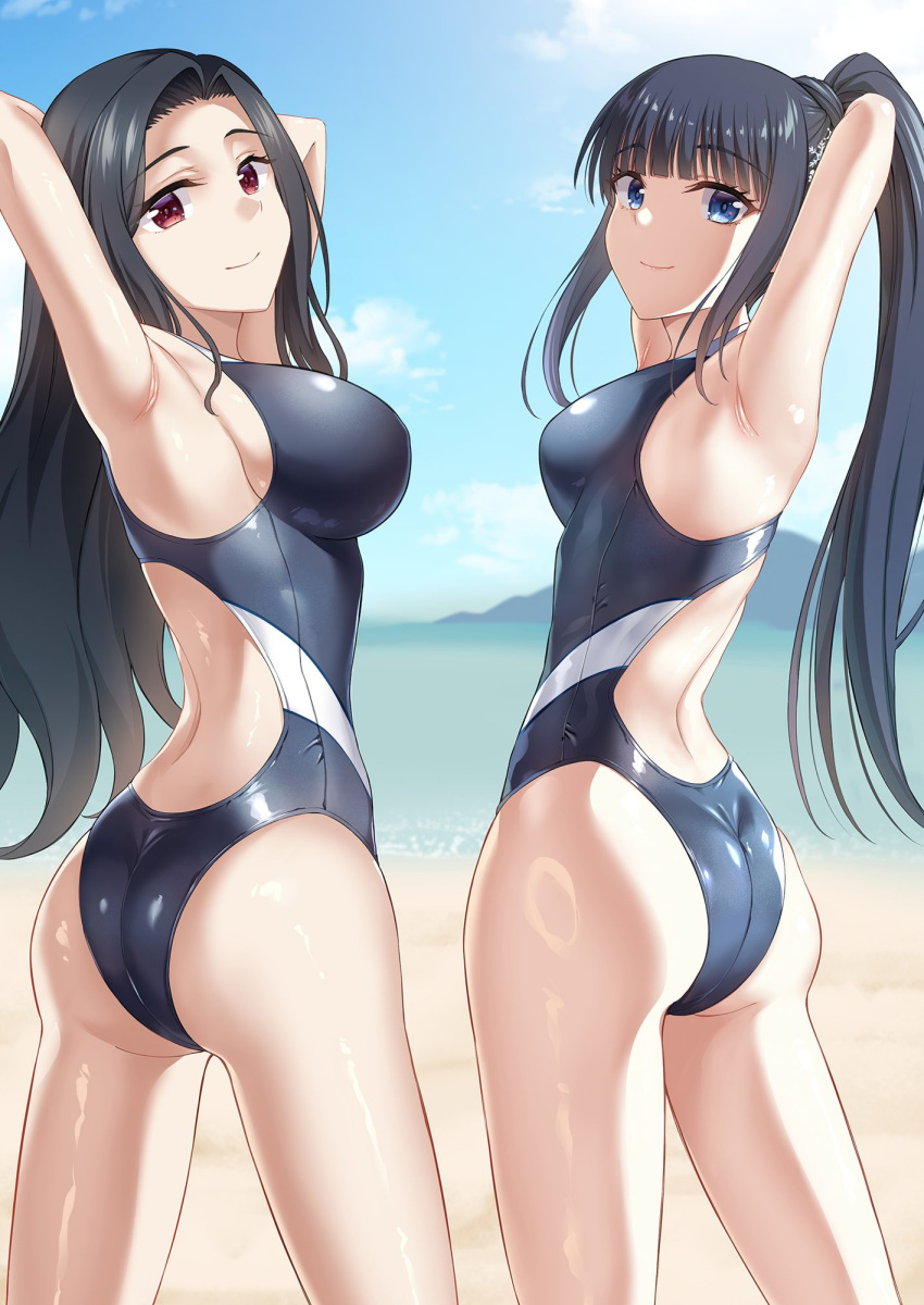 2girls armpits arms_behind_head ass back_cutout beach black_hair blue_eyes blue_sky blunt_bangs breasts closed_mouth clothing_cutout commentary_request commission competition_swimsuit hair_ornament highres ijima_yuu large_breasts long_hair looking_at_viewer mahouka_koukou_no_rettousei medium_breasts multiple_girls ocean one-piece_swimsuit ponytail red_eyes saegusa_mayumi shiba_miyuki sideboob skeb_commission sky smile swimsuit two-tone_swimsuit