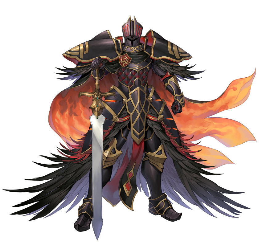 1boy absurdres armor black_cape black_knight_(fire_emblem) black_knight_(resplendent)_(fire_emblem) cape feather_trim fire_emblem fire_emblem:_path_of_radiance fire_emblem_heroes gauntlets greaves helmet highres looking_at_viewer multicolored_cape multicolored_clothes orange_cape solo sword tachi-e weapon