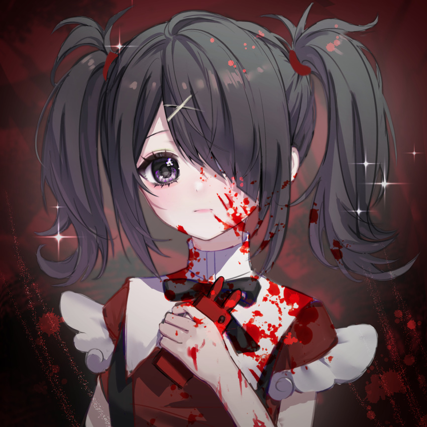 1girl ame-chan_(needy_girl_overdose) black_hair black_ribbon blood blood_on_clothes blood_on_face blood_on_hands blood_splatter closed_mouth collared_shirt hair_ornament hair_over_one_eye hand_up highres holding holding_phone long_hair looking_at_viewer neck_ribbon needy_girl_overdose phone purple_eyes red_background red_shirt ribbon shirt shuijiao_daojishi solo suspenders twintails upper_body x_hair_ornament