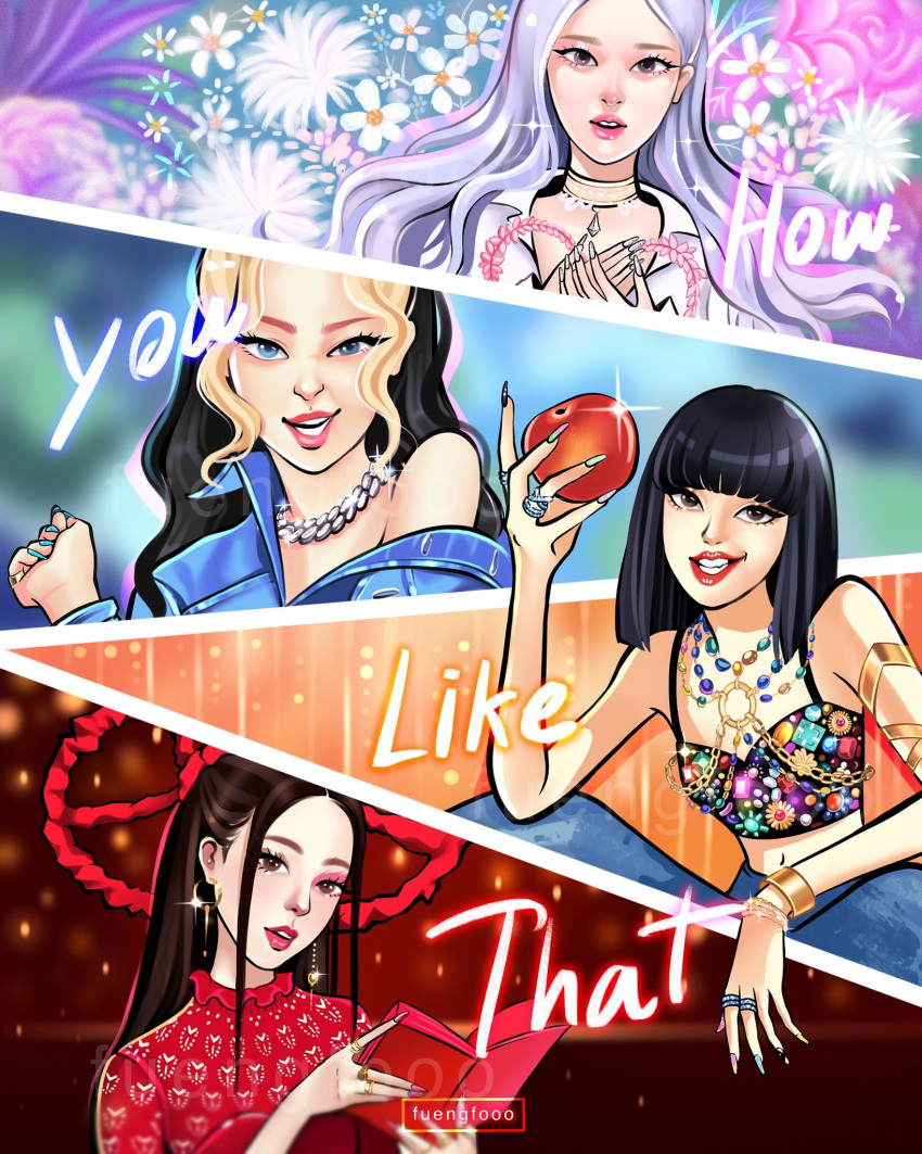 4girls apple armlet artist_name black_hair blackpink blonde_hair blue_eyes blue_nails bob_cut book bracelet brown_eyes brown_hair commentary_request crop_top daisy flower food fruit fuengfoo1 half_updo hat highres holding holding_book holding_food jennie_(blackpink) jewelry jisoo_(blackpink) lisa_(blackpink) long_hair looking_at_viewer makeup mascara multicolored_hair multiple_girls necklace orange_background pink_lips red_background red_lips ring rose_(blackpink) sidelocks single_bare_shoulder thai_commentary two-tone_hair white_hair