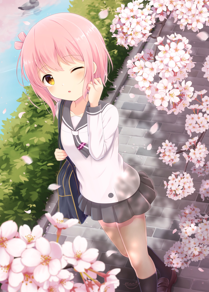 1girl ;o absurdres bag black_socks blurry blurry_background blurry_foreground brick_road brown_eyes brown_footwear cherry_blossoms collarbone commentary_request depth_of_field falling_petals foot_out_of_frame grey_sailor_collar grey_skirt hand_on_own_head highres holding_strap ichinose_hana light_blush loafers long_sleeves looking_at_viewer miniskirt one_eye_closed one_side_up open_mouth petals pink_hair pink_petals pleated_skirt riverbank sailor_collar school_bag school_uniform serafuku shirt shoes short_hair shoulder_bag sidelocks skirt slow_start socks solo white_shirt yutuki_ame