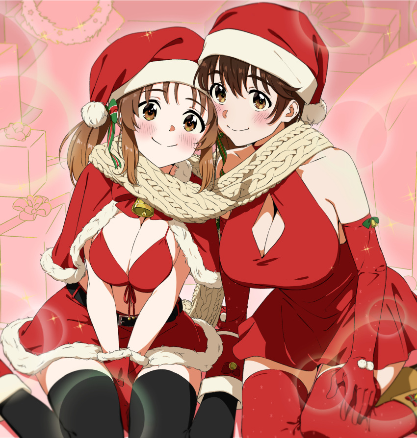 2girls absurdres bare_shoulders bell bikini black_thighhighs blush breasts brown_eyes brown_hair cable_knit capelet cleavage dr._gero_(staedtler_0508) dress elbow_gloves front-tie_bikini_top front-tie_top fur-trimmed_capelet fur-trimmed_gloves fur-trimmed_skirt fur_trim gloves hair_ornament hat highres idolmaster idolmaster_cinderella_girls large_breasts long_hair multiple_girls navel neck_bell oikawa_shizuku red_bikini red_capelet red_dress red_gloves red_thighhighs santa_bikini santa_hat scarf shared_clothes shared_scarf short_hair sitting skirt smile swimsuit thighhighs totoki_airi twintails wariza