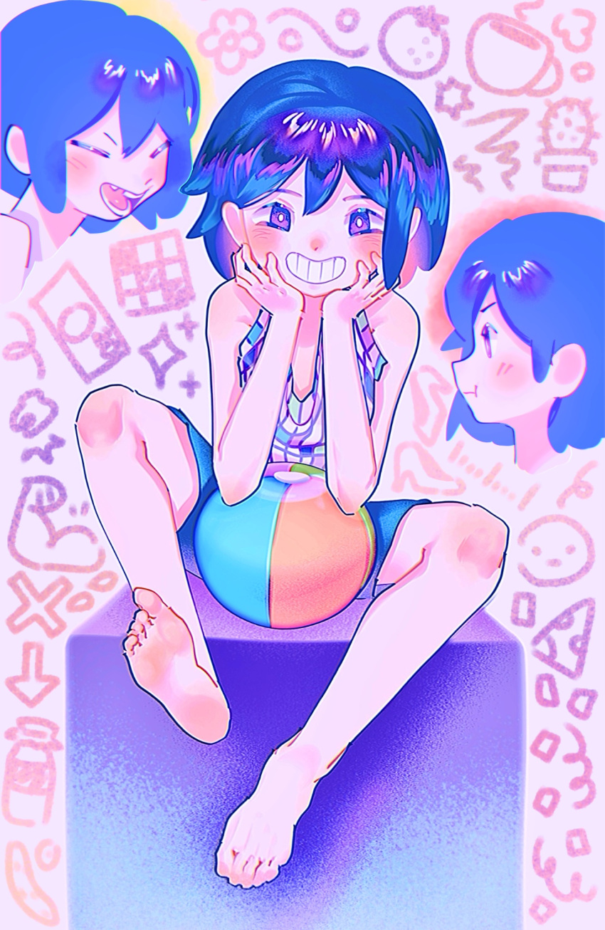 1boy ball barefoot blush closed_eyes closed_mouth grin highres kel_(headspace)_(omori) kel_(omori) looking_at_viewer omori open_mouth ow12714 parted_lips purple_eyes purple_hair short_hair shorts sitting smile solo teeth