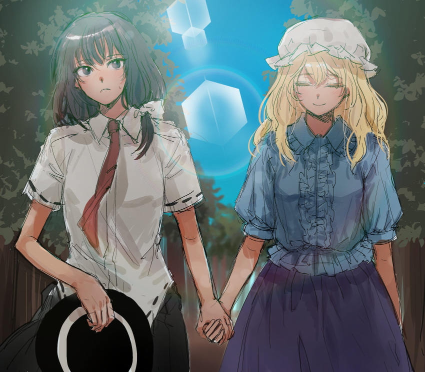 2girls black_hat black_skirt blonde_hair blouse blue_shirt blue_sky breasts brown_hair center_frills commentary_request fedora forest frills hat highres holding holding_clothes holding_hands holding_hat kuya_(hey36253625) lens_flare long_hair maribel_hearn mob_cap multiple_girls nature necktie neo-traditionalism_of_japan outdoors puffy_short_sleeves puffy_sleeves purple_skirt red_necktie shirt short_sleeves sketch skirt sky small_breasts sweatdrop touhou unworn_hat unworn_headwear usami_renko white_hat white_shirt