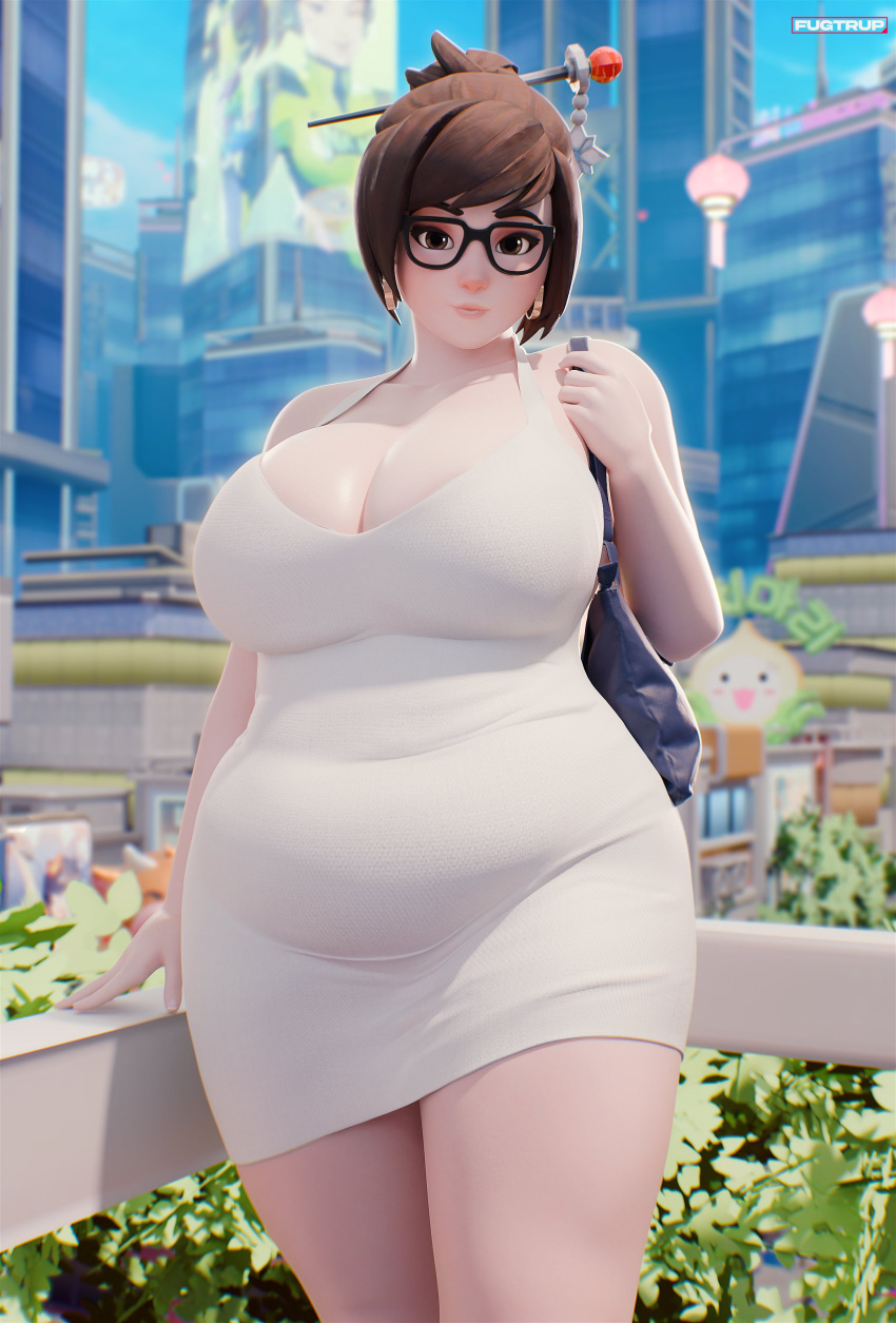 1girl 3d absurdres artist_name bag belly black-framed_eyewear breasts brown_eyes brown_hair city cleavage collarbone covered_navel curvy dongtan_dress dress fugtrup glasses hair_bun hair_ornament hair_stick handbag highres large_breasts looking_at_viewer mei_(overwatch) meme_attire overwatch plump short_hair single_hair_bun smile swept_bangs white_dress wide_hips