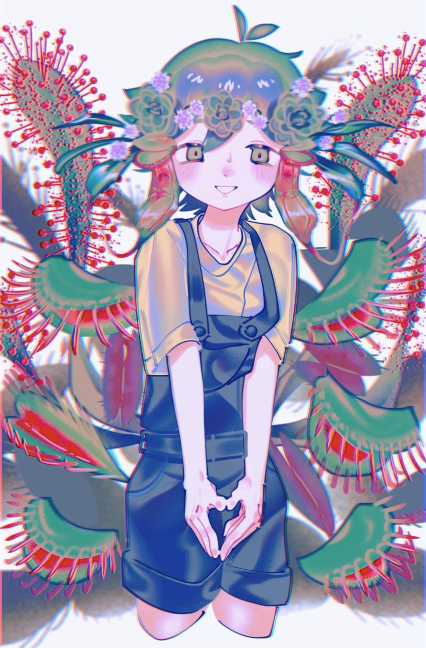 1boy basil_(headspace)_(omori) basil_(omori) blue_overalls blush collarbone green_eyes green_hair grin highres looking_at_viewer omori overall_shorts overalls ow12714 parted_lips plant shirt short_hair smile solo teeth venus_flytrap yellow_shirt