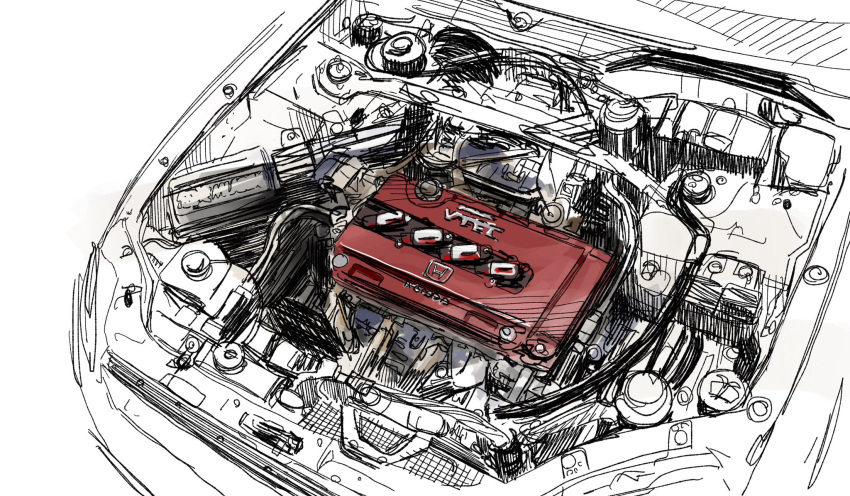 cable engine from_above highres hikageno honda honda_civic honda_civic_type_r no_humans original sketch spot_color vehicle_focus white_background