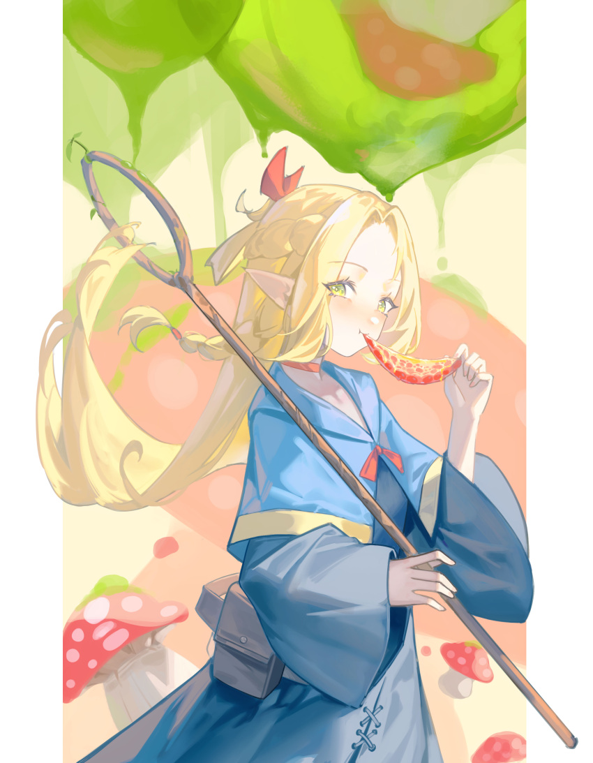 1girl :t absurdres blonde_hair blue_capelet blue_dress blush braid bright_pupils capelet closed_mouth commentary cowboy_shot dress dungeon_meshi eating elf floating_hair food forehead french_braid goguhaku green_eyes hair_ribbon hand_up highres holding holding_food holding_staff long_hair long_sleeves looking_at_viewer mage_staff marcille_donato mushroom parted_bangs pointy_ears red_ribbon ribbon simple_background solo staff very_long_hair wide_sleeves