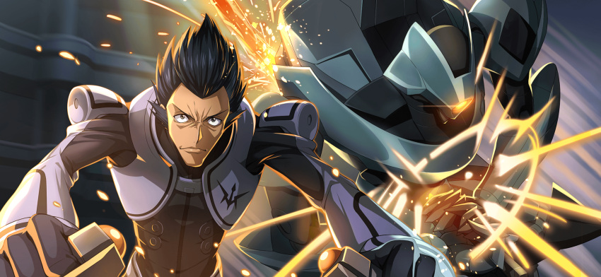 1boy armor artist_request backlighting black_bodysuit black_hair bodysuit closed_mouth code_geass code_geass:_lost_stories forehead furrowed_brow game_cg gekka_(code_geass) glowing glowing_eyes grey_eyes grey_vest highres holding holding_sword holding_weapon leaning_forward male_focus mecha non-web_source official_art one-eyed orange_eyes outstretched_arms piloting robot seppuku serious short_hair shoulder_armor solo sparks spiked_hair sword upper_body urabe_kousetsu v-shaped_eyebrows vest weapon