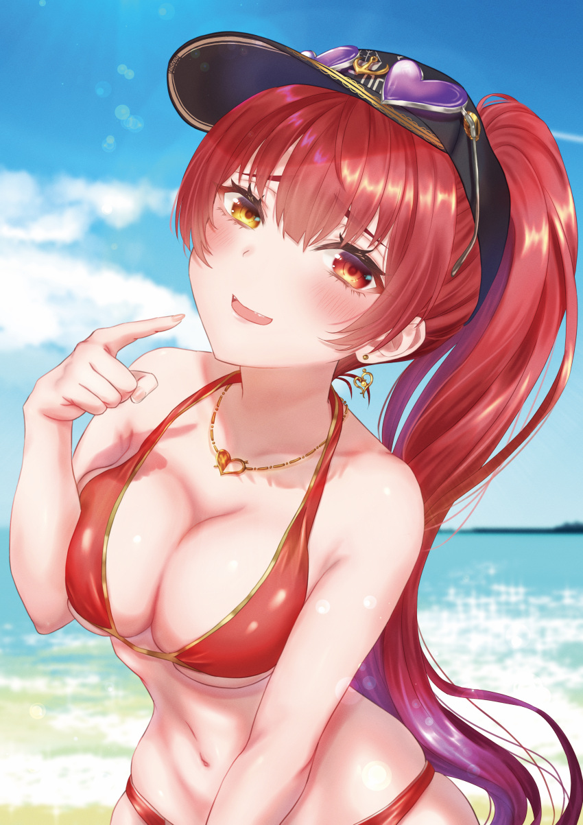 1girl absurdres baseball_cap beach bikini black_hat blue_sky breasts cleavage cloud earrings eyewear_on_head gold_earrings gold_necklace hat heart heart-shaped_eyewear heart_earrings heart_necklace heterochromia highres hololive houshou_marine houshou_marine_(summer) jewelry large_breasts long_hair looking_at_viewer mary_is_mine navel necklace official_alternate_costume open_mouth ponytail red_bikini red_eyes sky smile solo sunglasses swimsuit virtual_youtuber yellow_eyes