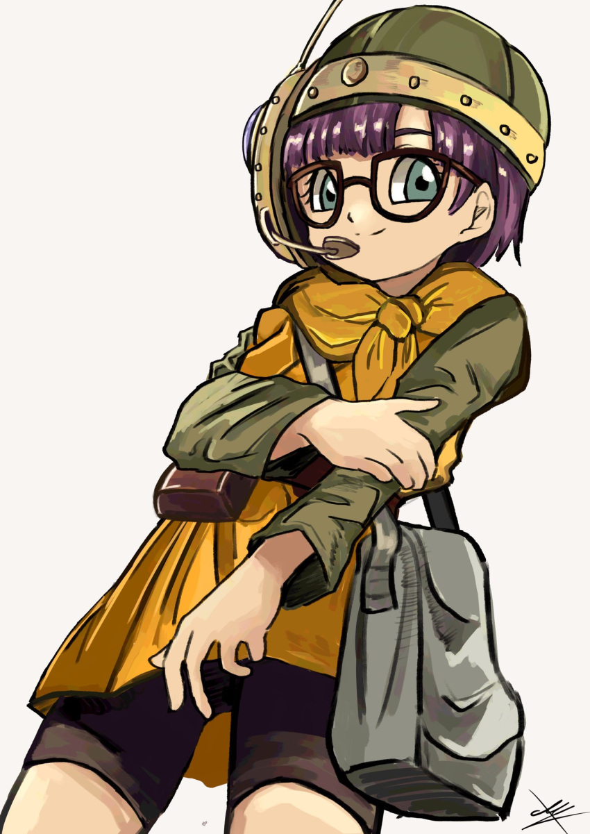 1girl belt bike_shorts blue_eyes chrono_trigger closed_mouth glasses helmet highres looking_at_viewer lucca_ashtear mazu_(mz43033458) purple_hair scarf short_hair simple_background smile solo white_background