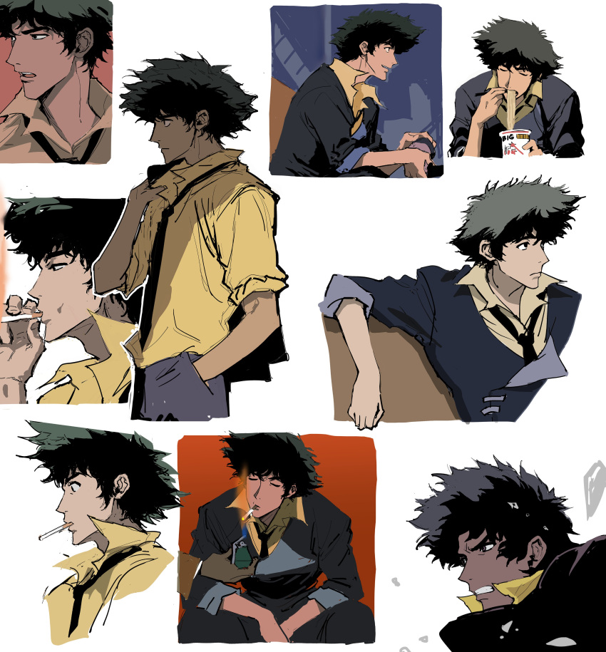 absurdres closed_mouth cowboy_bebop derivative_work eating highres instant_ramen messy_hair my_nameisyoon necktie open_mouth scene_reference screenshot_redraw shirt sitting smoking spike_spiegel teeth variations yellow_shirt