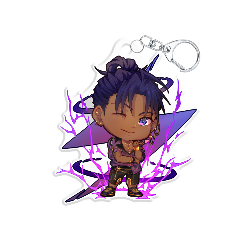 1boy absurdres black_footwear black_shorts character_charm charm_(object) chibi dark-skinned_male dark_skin ear_piercing full_body heart highres jock_studio_(blits_games) light_smile looking_at_viewer male_focus merchandise mikkoukun one_eye_closed piercing purple_eyes purple_hair purple_shirt shirt shoes shorts solo transparent_background zayne_alexander