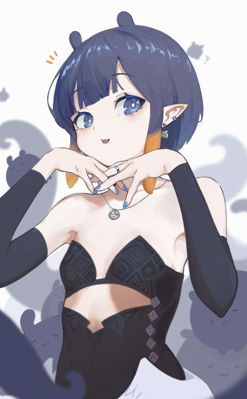 1girl absurdres arm_warmers armpits bare_shoulders black_hair blue_nails earrings flat_chest highres hololive hololive_english jewelry low_wings multiple_earrings nail_polish necklace ninomae_ina'nis ninomae_ina'nis_(1st_costume) pointy_ears ring short_hair simuyutou solo takodachi_(ninomae_ina'nis) tentacle_hair upper_body virtual_youtuber wings