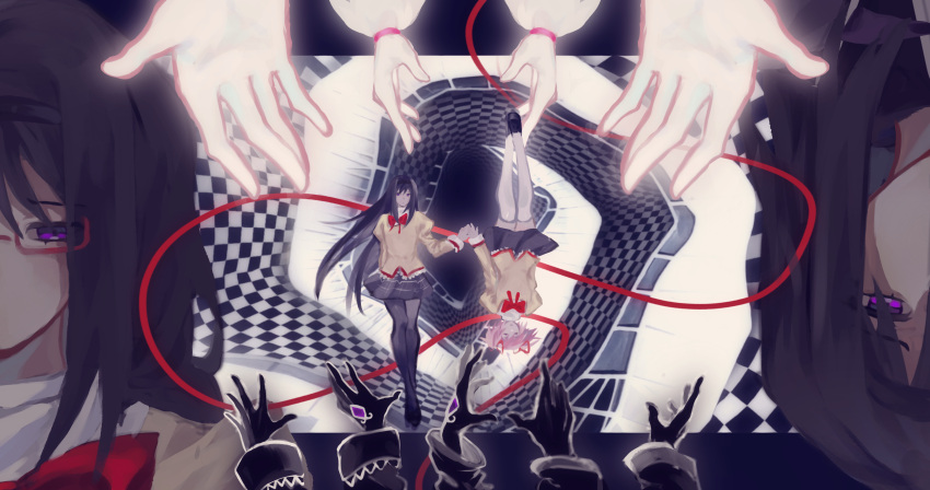 4girls abstract_background absurdres akemi_homura arm_behind_back black_footwear black_hair black_hairband black_pantyhose black_skirt bow bowtie checkered_background chinese_commentary closed_eyes commentary_request gloves hair_ribbon hairband highres holding_hands jacket juliet_sleeves kaname_madoka loafers long_hair long_sleeves mahou_shoujo_madoka_magica mahou_shoujo_madoka_magica_(anime) mitakihara_school_uniform molanjie53568 multiple_girls multiple_persona pantyhose plaid plaid_skirt puffy_sleeves purple_eyes reaching red-framed_eyewear red_bow red_bowtie red_ribbon ribbon rotational_symmetry school_uniform semi-rimless_eyewear shoes short_hair short_twintails skirt thighhighs twintails under-rim_eyewear white_gloves white_thighhighs yellow_jacket