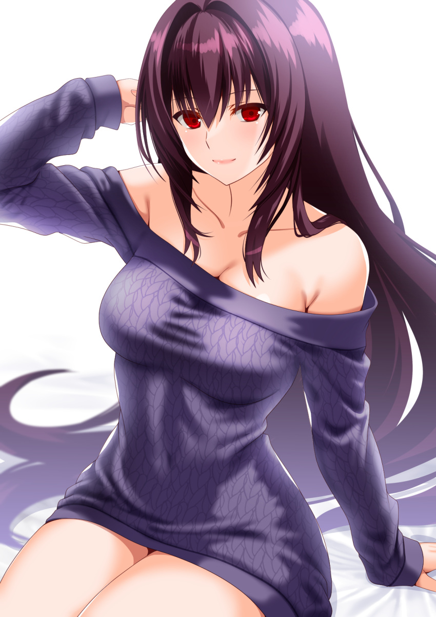 1girl bare_shoulders breasts cleavage collarbone engo_(aquawatery) fate/grand_order fate_(series) hair_between_eyes highres large_breasts long_hair long_sleeves looking_at_viewer off-shoulder_sweater off_shoulder purple_hair purple_sweater red_eyes scathach_(fate) smile solo sweater thighs