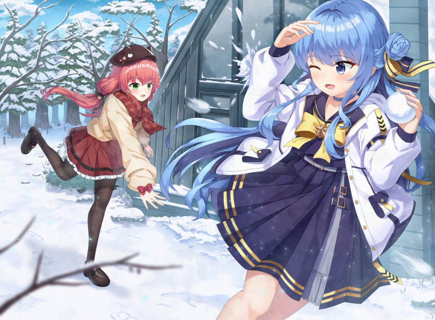 2girls black_footwear black_thighhighs blue_eyes blue_hair blurry blurry_foreground bow bowtie brown_hat brown_shirt cloud collared_shirt feet_out_of_frame hair_bow hair_bun hair_tie highres hololive hoshimachi_suisei jacket light_blush lu_b multiple_girls necktie one_eye_closed pine_tree pink_hair pleated_skirt red_bow red_scarf red_skirt sakura_miko scarf shirt single_side_bun skirt snow snowball standing standing_on_one_leg starry_sky_print striped_clothes striped_scarf thighhighs throwing tree white_jacket winter yellow_bow