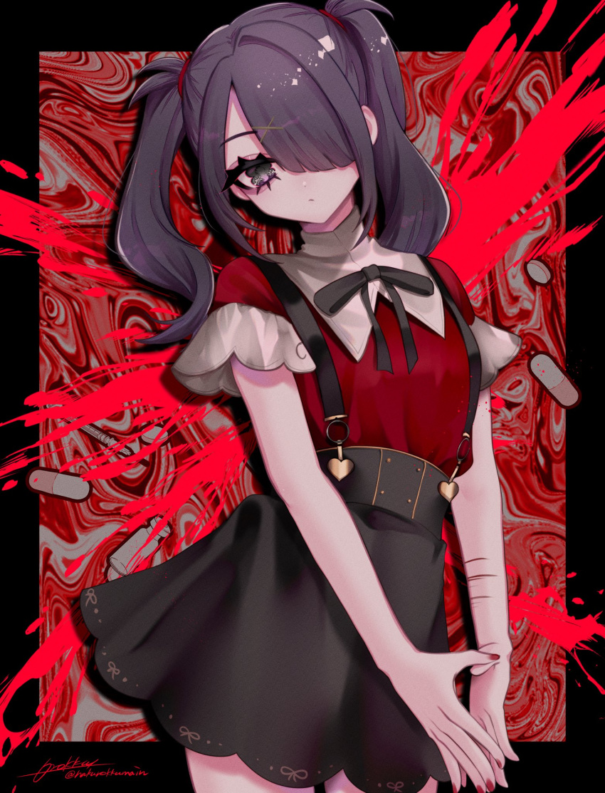 1girl ame-chan_(needy_girl_overdose) black_border black_eyes black_hair black_ribbon black_skirt blood blood_splatter border closed_mouth collared_shirt cowboy_shot cuts distortion hair_ornament hair_over_one_eye hakurokku highres injury long_hair looking_at_viewer mojibake_commentary nail_polish neck_ribbon needy_girl_overdose outside_border own_hands_together pill red_nails red_shirt ribbon self-harm self-harm_scar shirt short_sleeves skirt solo standing suspender_skirt suspenders twintails wrist_cutting x_hair_ornament