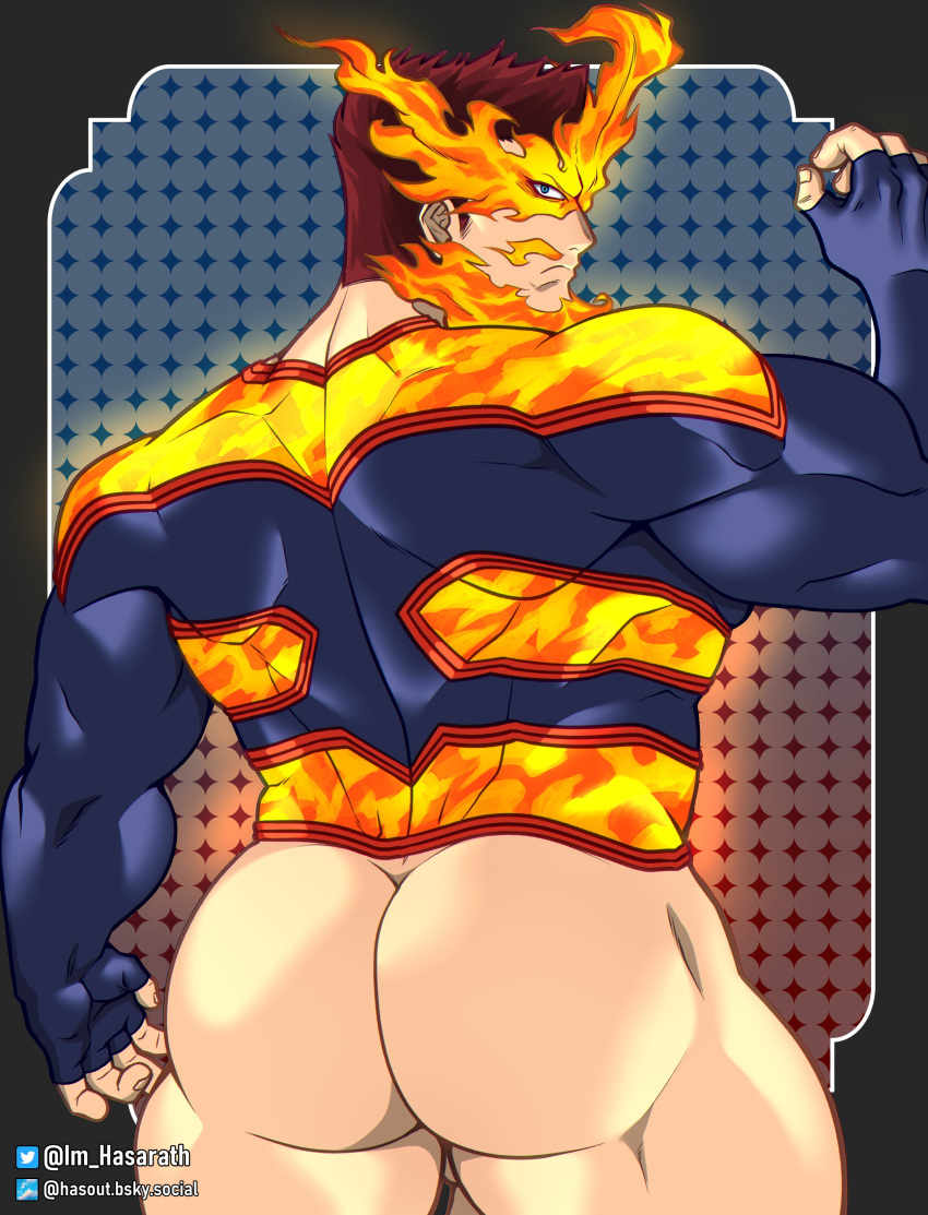 1boy absurdres arts_of_hasarath ass bara biceps blue_eyes boku_no_hero_academia endeavor_(boku_no_hero_academia) fiery_beard fiery_hair fire highres huge_ass looking_at_viewer looking_back male_focus manly mature_male muscular muscular_male patterned_background red_hair short_hair simple_background solo spandex spiked_hair suit thick_arms twitter_username