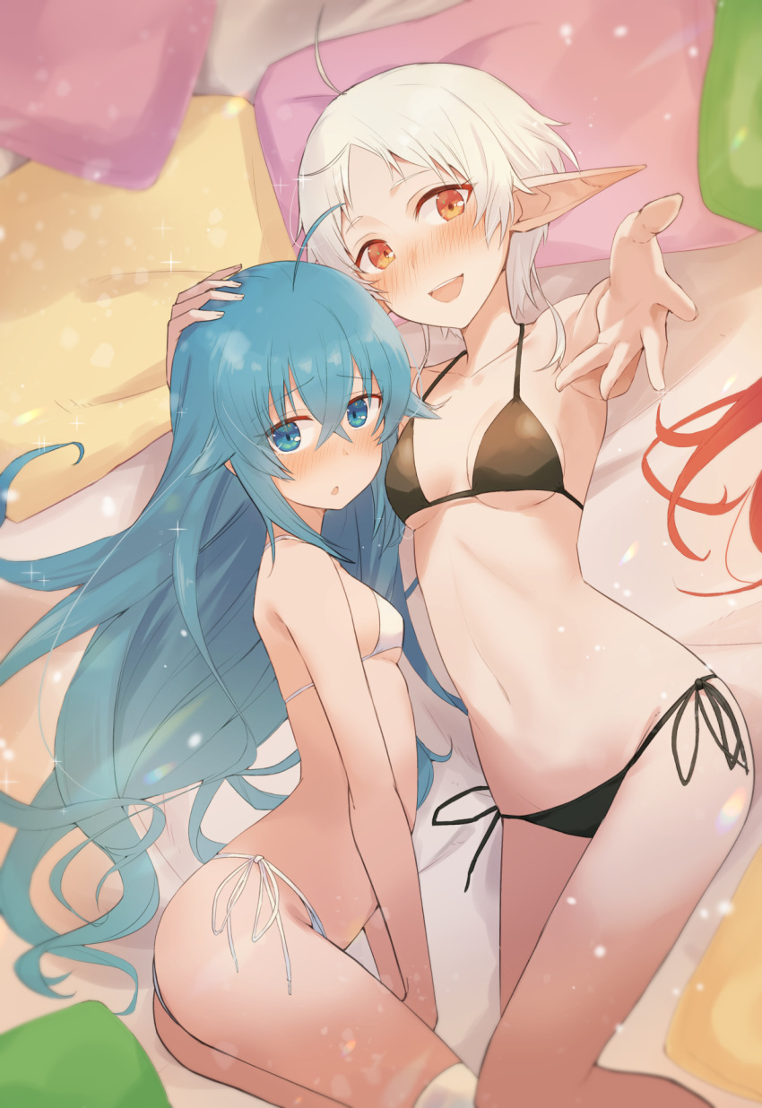 2girls ahoge ass bikini black_bikini blue_eyes blue_hair blush breasts elf feet_out_of_frame full-face_blush hair_between_eyes hand_on_another's_head highres long_hair lying multiple_girls mushoku_tensei nakami_chihiro navel on_back on_bed on_side open_mouth out_of_frame outstretched_hand pillow pointy_ears red_eyes roxy_migurdia short_hair small_breasts sparkle stomach swimsuit sylphiette_(mushoku_tensei) teeth upper_teeth_only very_long_hair white_bikini white_hair