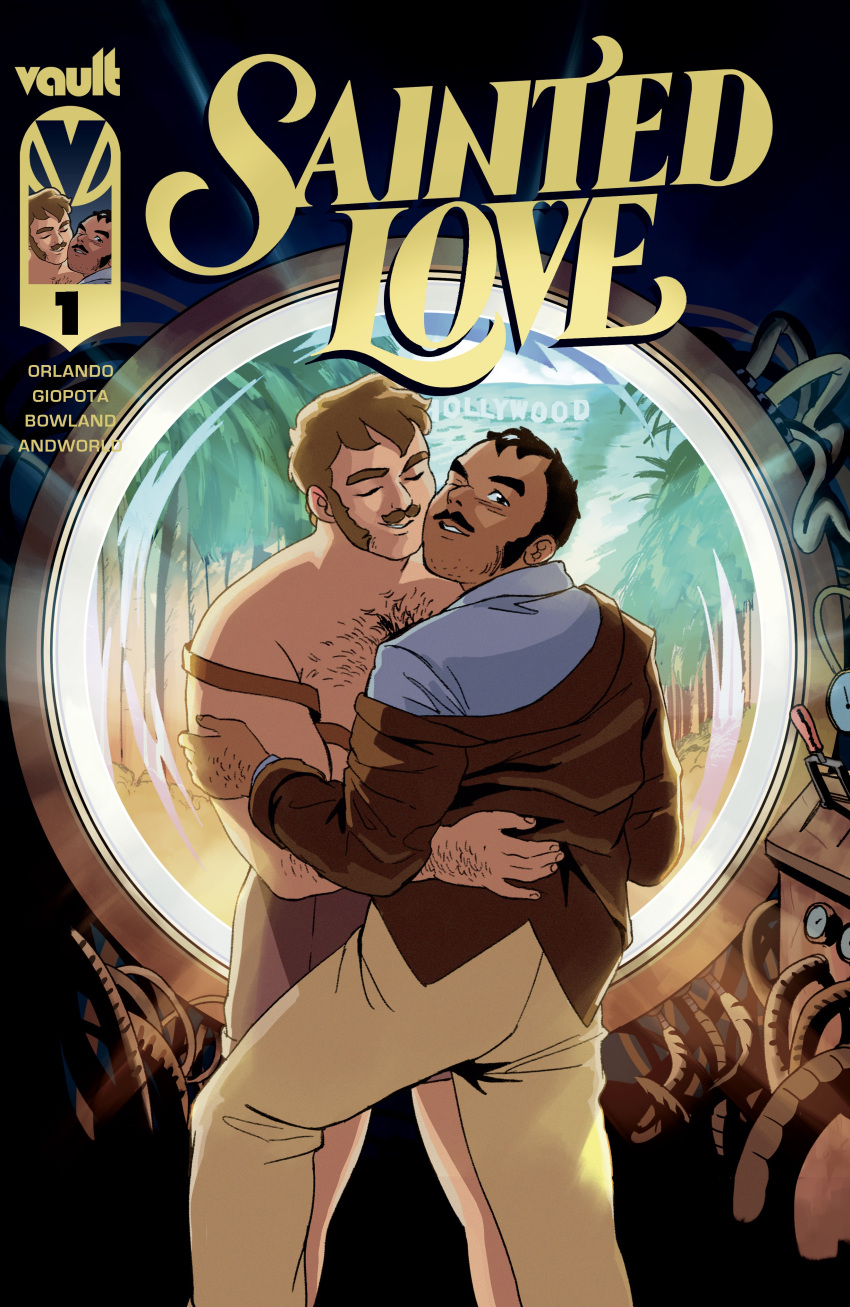 2boys absurdres bara blonde_hair couple cover cover_page dark-skinned_male dark_skin facial_hair giopota hairy head_tilt highres interracial long_sideburns male_focus mature_male multiple_boys muscular muscular_male muted_color mutton_chops original pectorals receding_hairline sainted_love_(giopota) short_hair sideburns sideburns_stubble stubble thick_chest_hair thick_eyebrows thick_mustache topless_male yaoi