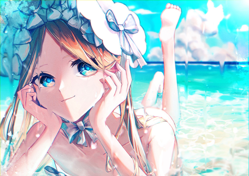 1girl abigail_williams_(fate) abigail_williams_(swimsuit_foreigner)_(fate) abigail_williams_(swimsuit_foreigner)_(third_ascension)_(fate) bare_shoulders beach bikini blonde_hair blue_eyes bonnet bow fate/grand_order fate_(series) forehead hands_on_own_cheeks hands_on_own_face long_hair looking_at_viewer lying on_stomach parted_bangs smile solo strapless strapless_bikini swimsuit very_long_hair white_bikini white_bow